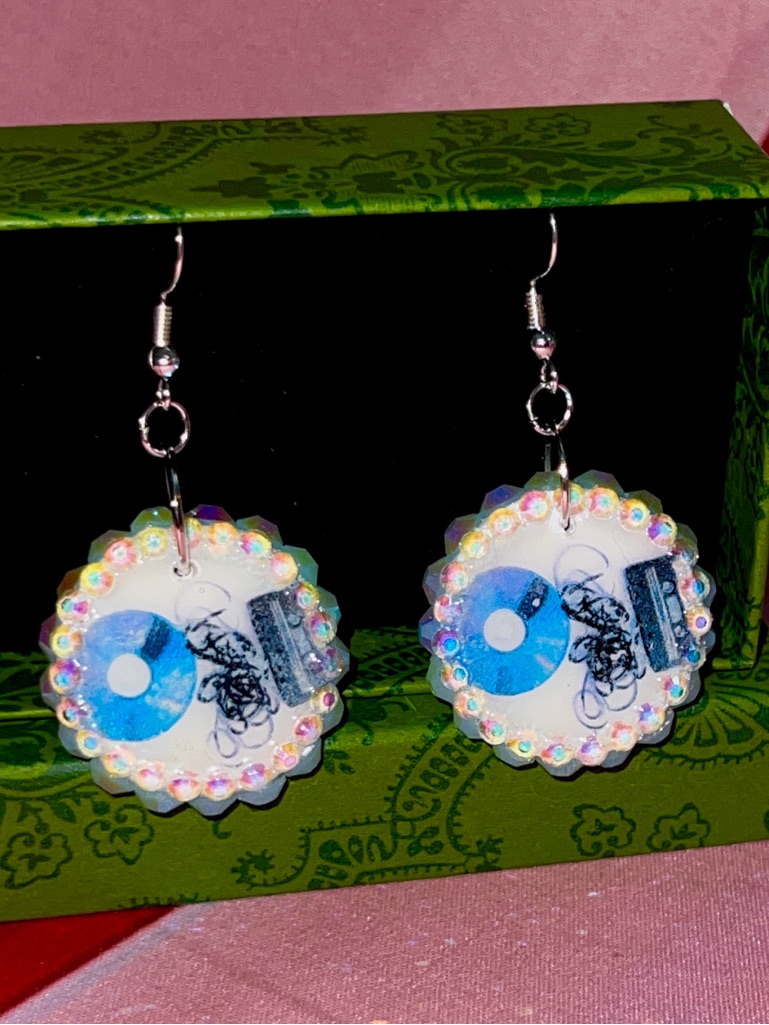 Holographic Blue Disc Music-Themed Dangle Earrings